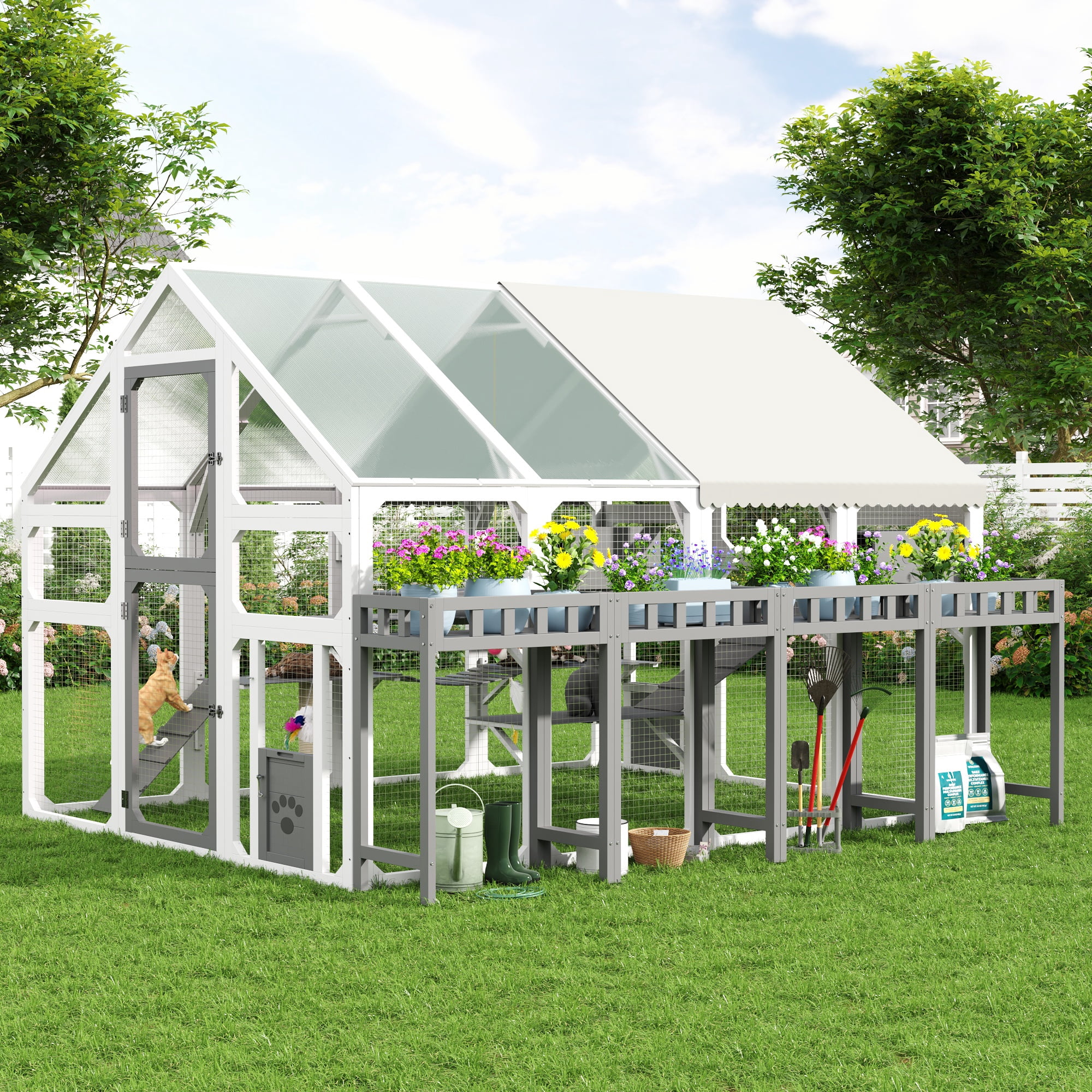 YIYADO Large Outdoor Cat House with Planter Stand, Wooden Cat Enclosure with Resting Boxes, Hanging Bridge & Platforms, Walk-In Catio Cage with Waterproof Cover, Grey and White