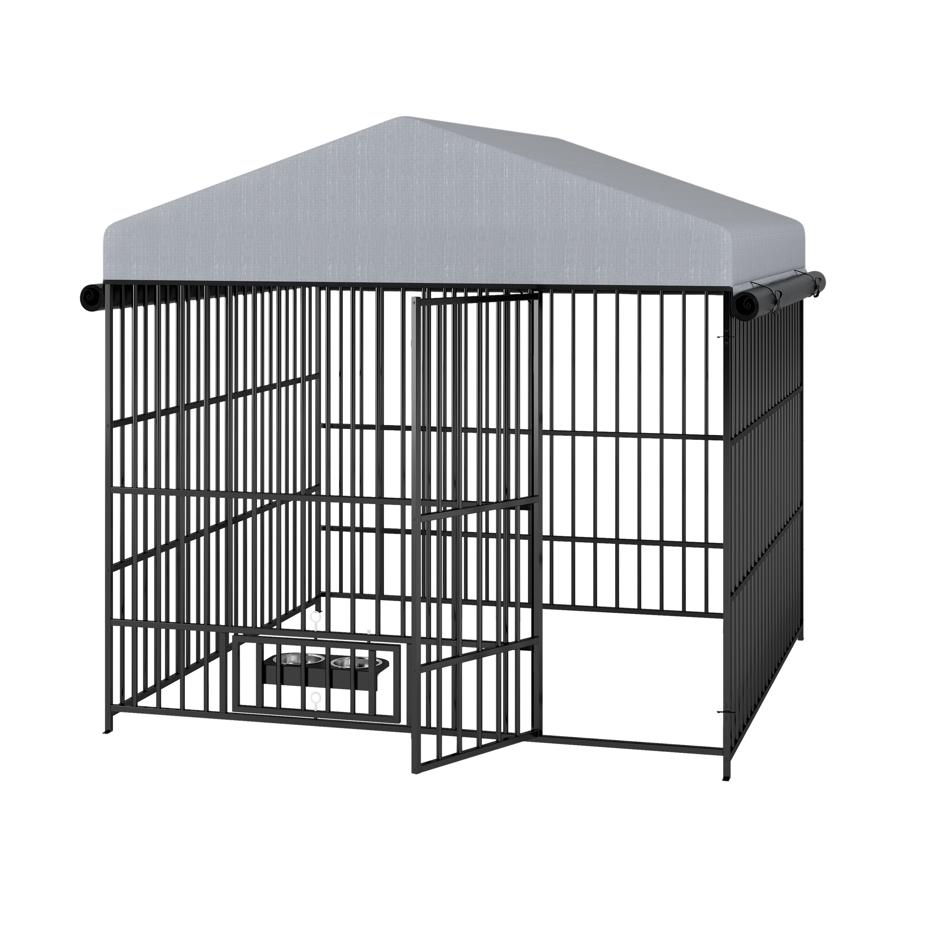 YIYADO Large Outdoor Dog Kennel Pet Playpen with Roof Cover & Stainless Steel Bowls, Heavy Duty Metal Dog Run Enclosure, 6.6'L x 6.6'W x 6.4'H