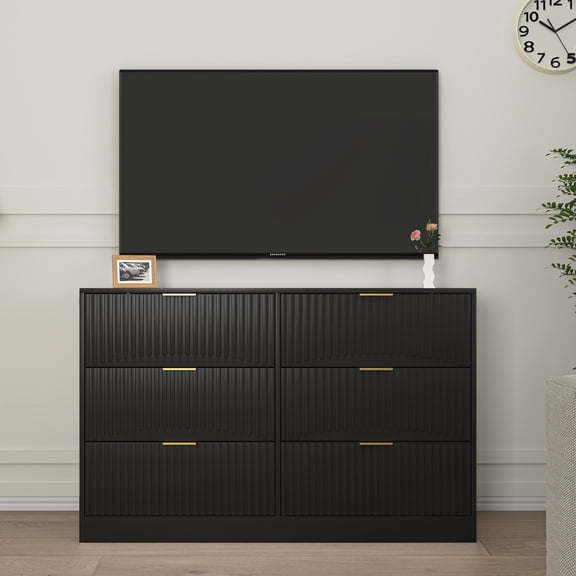 YIYADO Modern 6 Drawer Dresser, Chest of Drawers for Bedroom, Living Room, Hallway and Entrance - Large Storage Cabinet, Black, Drawer Front with Wave Pattern