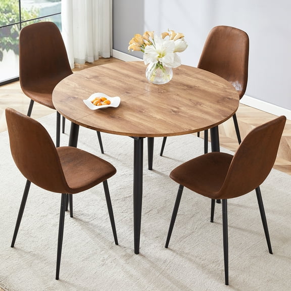 YIYADO Modern Extendable Dining Table with 4 Suede Chairs, Telescopic Design, MDF Top, Black Metal Legs