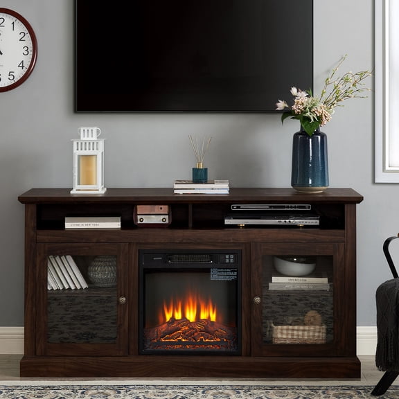 YIYADO Modern TV Media Stand Modern Entertainment Console with 18" Fireplace Insert with Open and Enclosed Storage, Brown
