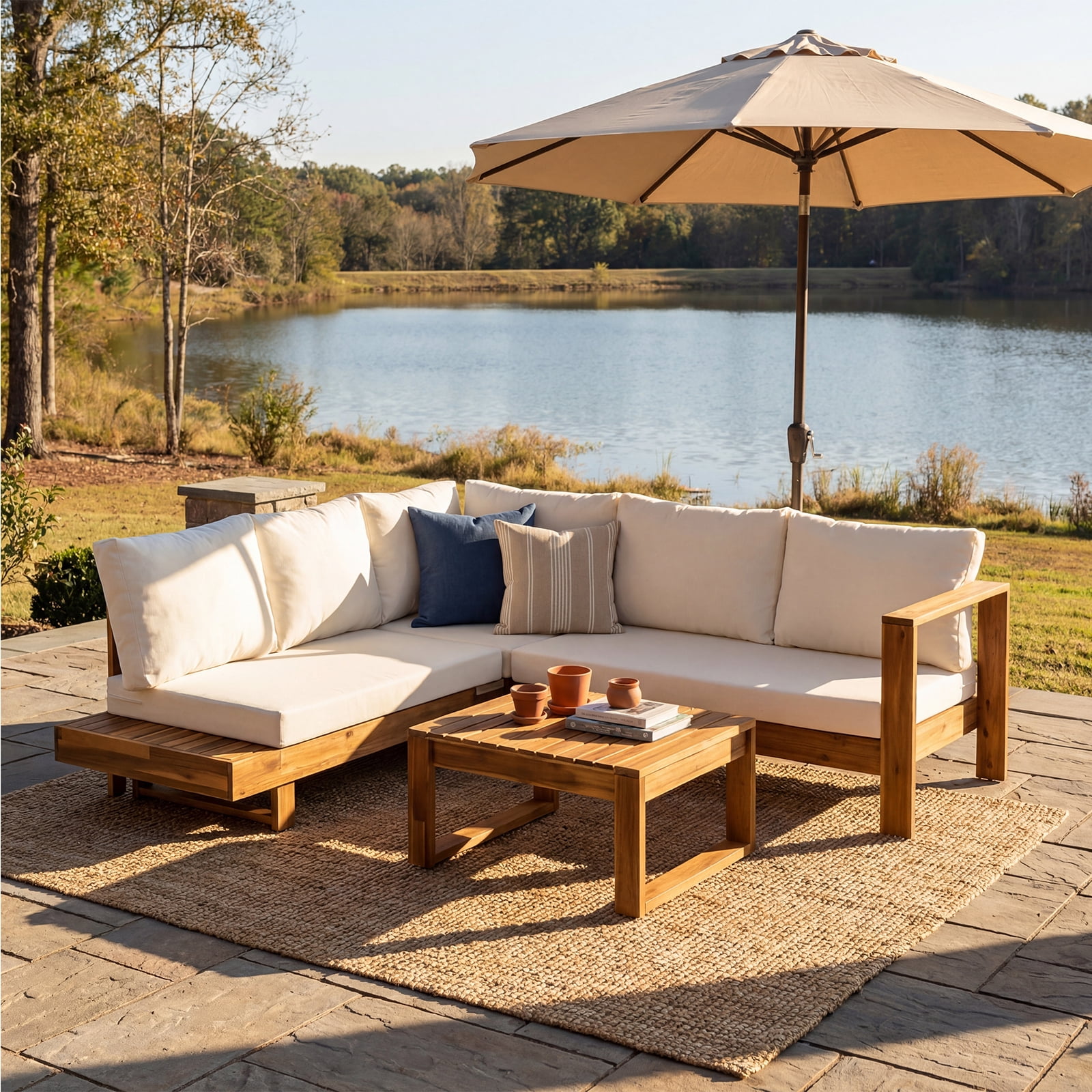 YIYADO Outdoor 4-Piece Acacia Wood Sectional Patio Sofa Set, Modular Outdoor Furniture with Water-Resistant Cushions & Side Table for Patio, Garden, Deck