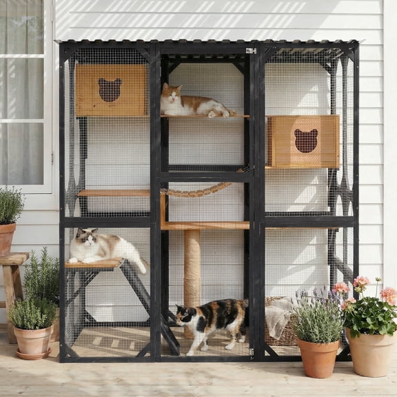 YIYADO Outdoor Cat Enclosure, Suitable For Patio And Balcony, With Sleeping Houses, Jumping Platforms, Scratching Posts And Secure Lockable Doors, Black