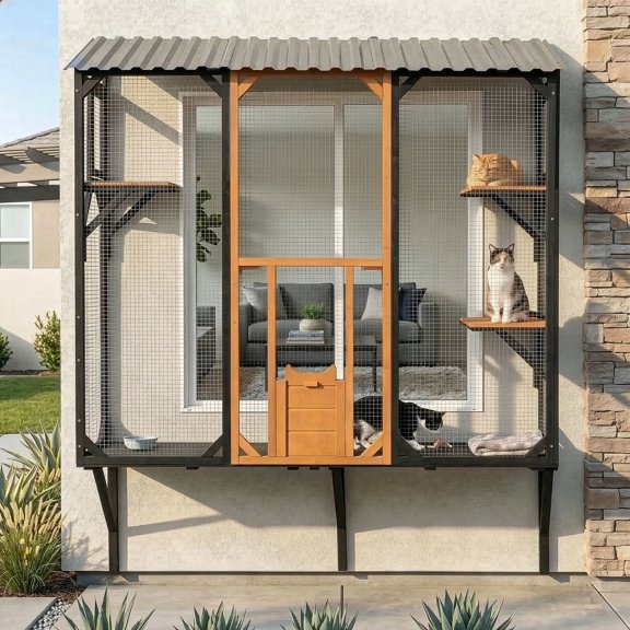 YIYADO Outdoor Catio Enclosure for Windows & Patios with Platforms, Fits 1-3 Cats, Black