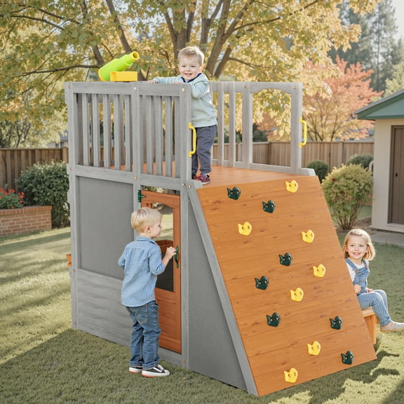 YIYADO Outdoor Children's Theater, 2 Floors,Telescope, Climbing Ramp, Roll-up Rurtains, Wooden