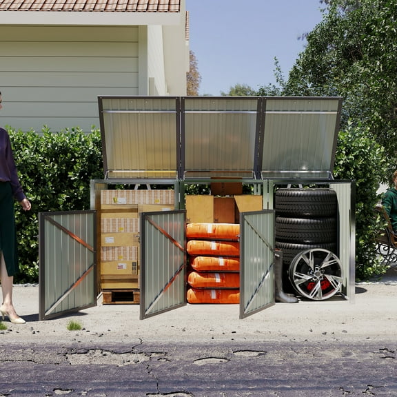 YIYADO Outdoor Trash Can Storage Shed, 3 Trash Can Outdoor Trash Can Storage Shed, Gray Outdoor Horizontal Storage Cabinet Waterproof, Bike Shed and Outdoor Storage Space