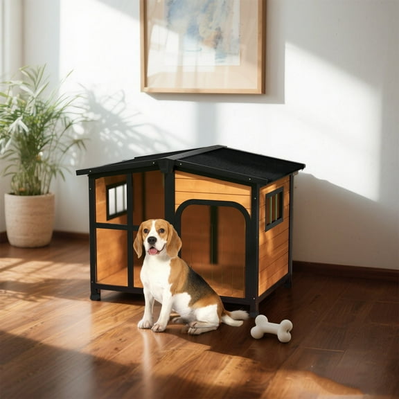 YIYADO Outside Cabin-Style Wooden Dog House for Large Dogs with Openable Roof & Giant Window, Outdoor & Indoor Big Dog House, Asphalt Roof, Yellow