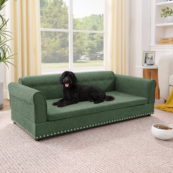 YIYADO Oversized Elevated Dog Sofa Bed with Backrest & Armrest, Modern Linen Pet Couch for Large Dogs, Olive Green