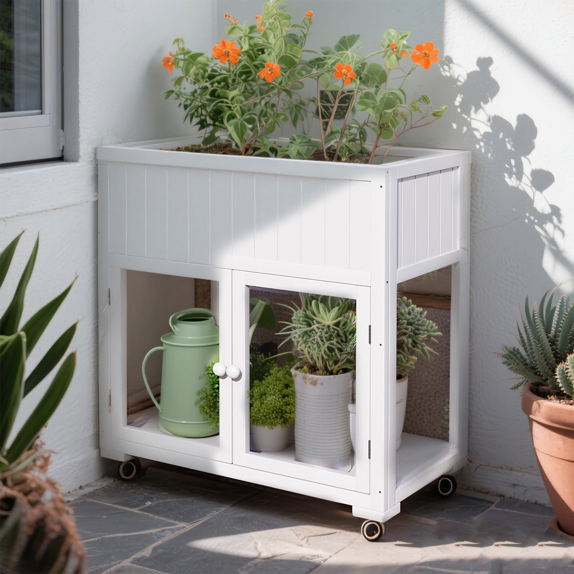 YIYADO Patio Mini Wood Cold Frame, Compact 2 Doors Garden Greenhouse with Wheels for Indoor Outdoor Use,White