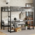 thumbnail image 1 of YIYADO Queen Over Twin XL Metal Bunk Bed with Desk & Shelves, Multi-Functional Loft Bed Converts to Sofa with LED Lights & USB Ports, 1 of 7