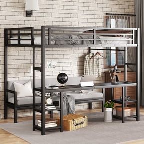 YIYADO Queen Over Twin XL Metal Bunk Bed with Desk & Shelves, Multi-Functional Loft Bed Converts to Sofa with LED Lights & USB Ports