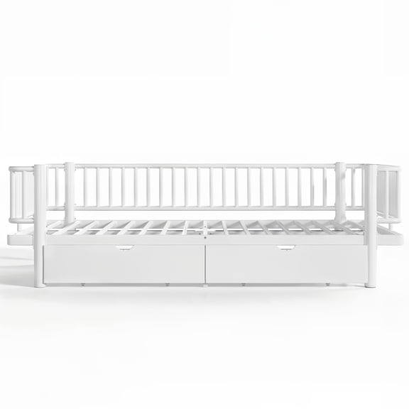 YIYADO Queen Size Metal Platform Bed, Low Profile Daybed Frame with Storage Drawers, Upgraded Round-Pipe Safety Structure, No Box Spring Needed, Modern White Bed for Bedroom Apartment Guest Room