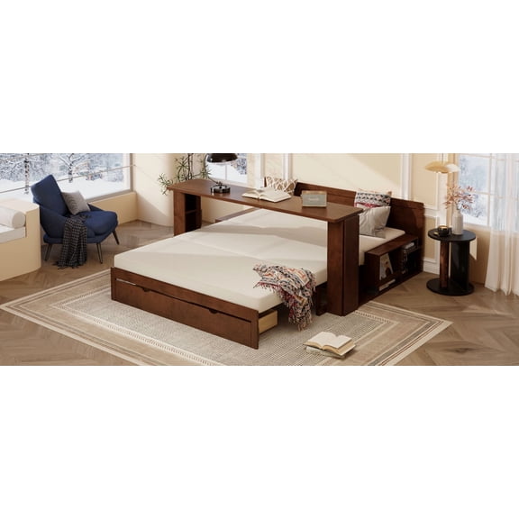 YIYADO Queen Sofa Bed, 4-in-1 Multifunctional, Storage Drawers and Hydraulic Side Table, Workstation Converter, Removable and Retractable Armrests, Brown