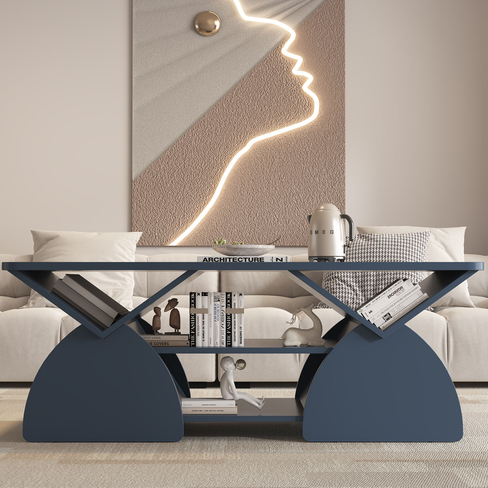 Tabletop Geometric Design YIYADO Rectangular Coffee Table with Open Shelves, Modern Coffee Table ...