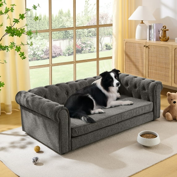 YIYADO Rectangular Pet Bed for Medium Large Dogs, Elevated Dog Bed with Durable Linen Fabric, Dark Grey
