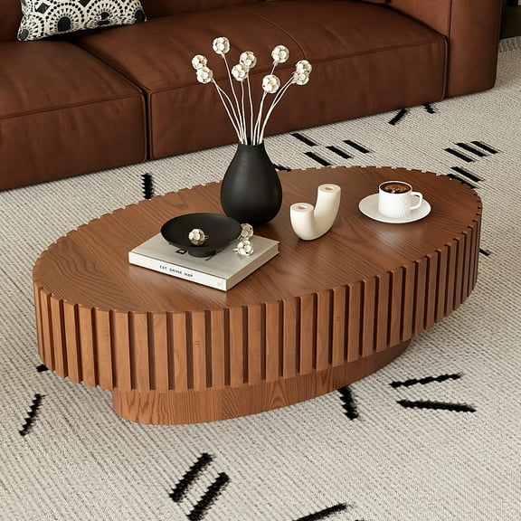 YIYADO Round Coffee Table with Olive Shaped Relief, Solid Wood & MDF Pedestal Tea Table for Living Room