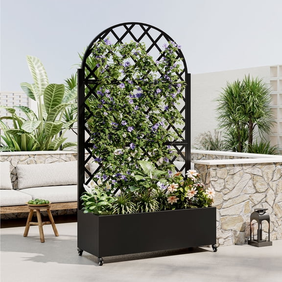 YIYADO Round Metal Planter Box with Trellis, 73"x35"x16 Metal Raised Garden Bed with Trellis, Metal Planter Box with Drainage Holes & Lockable Wheels & Privacy Screen for Climbing Plants