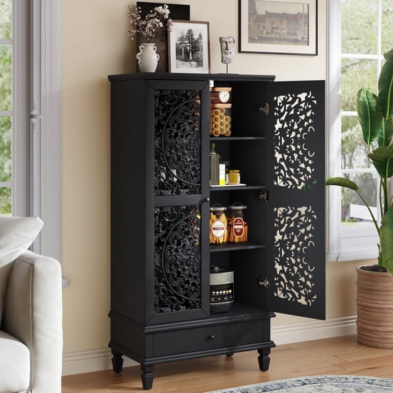 YIYADO Rustic 55'' Tall Storage Cabinet with Drawer, Decorative 2-Door Carved Wood Accent Cabinet with Solid Wood Legs, High Weight Capacity Sideboard for Living Room, Hallway, Dining Room, Black