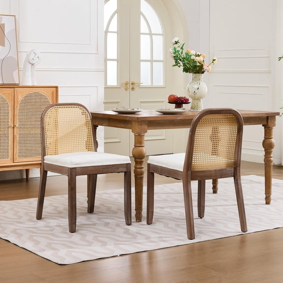 YIYADO Set of 2 Curved Arched Cane Back Dining Chairs, Mid Century Farmhouse Beige Chenille Armless Side Chairs