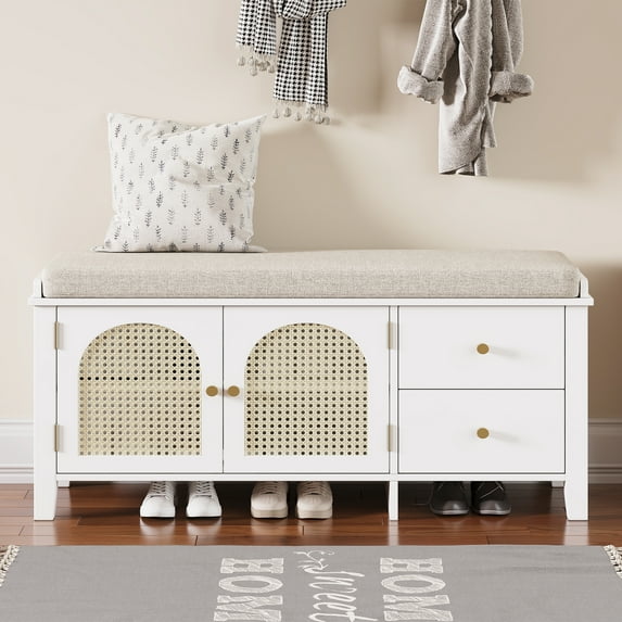 YIYADO Shoe Storage Bench, Storage Cabinet with 2 Drawers and 2 Rattan Door for Entryway, Bedroom, Living Room, White