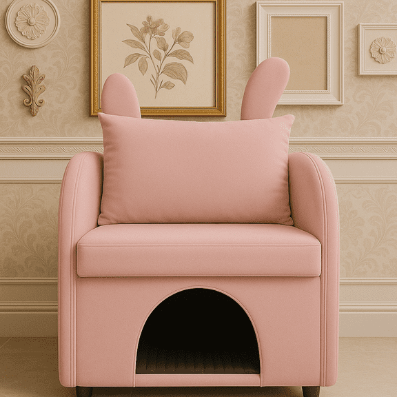 YIYADO Sofa Chair, Velvet Pink Bunny Ears, Built-in Pet Hiding Place, Side Pockets, 2-in-1 Function