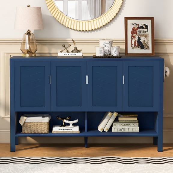 YIYADO Storage Buffet Cabinet, 55 Inch Large Sideboard Storage Cabinet with Adjustable Shelves, 4 Doors, Double Hooks, Modern Cabinet, Blue