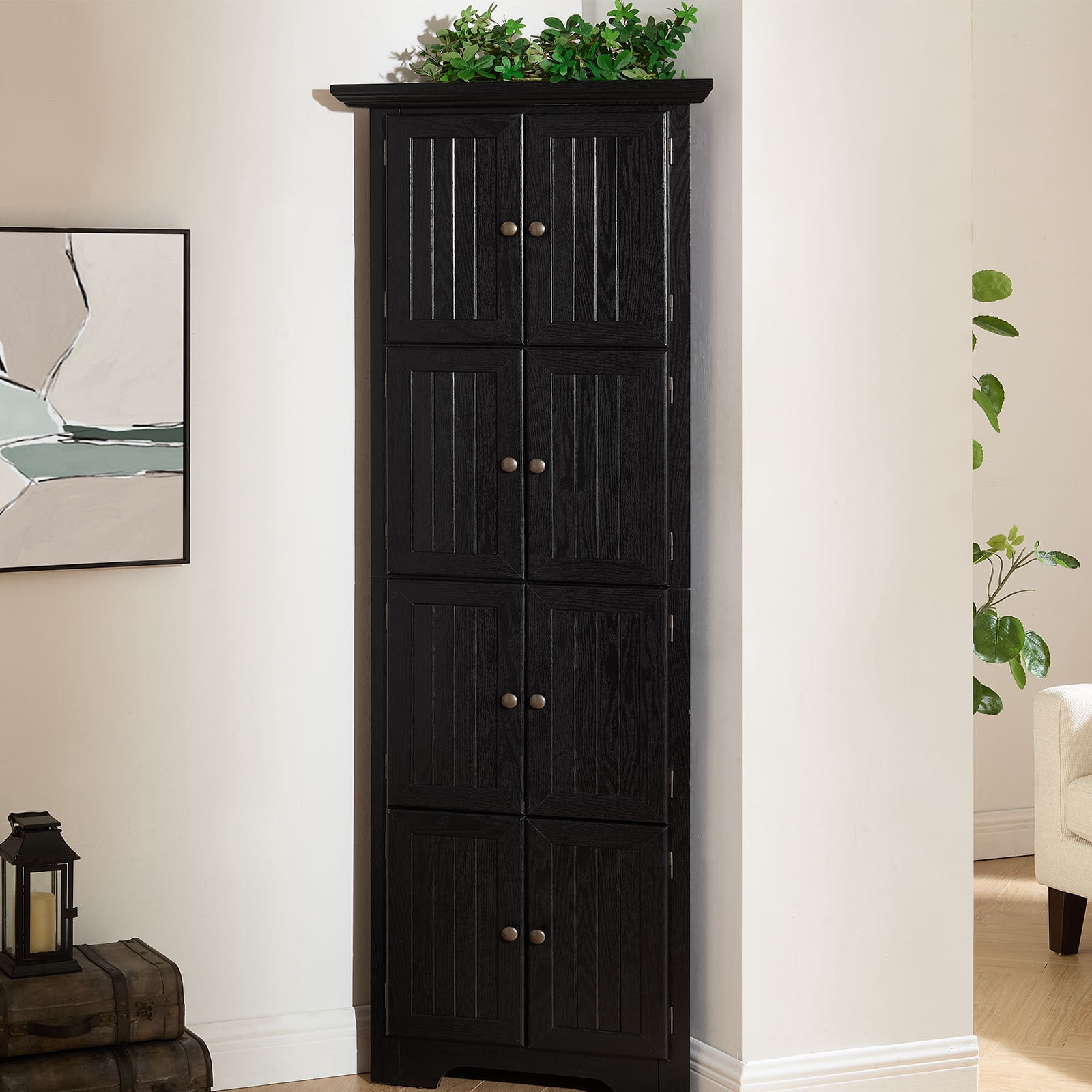 YIYADO Storage Cabinet, 4 Shelf 72" Corner Kitchen Pantry Storage Cabinet with 8 Doors, Home Farmhouse Bookshelf Cabinet, Black
