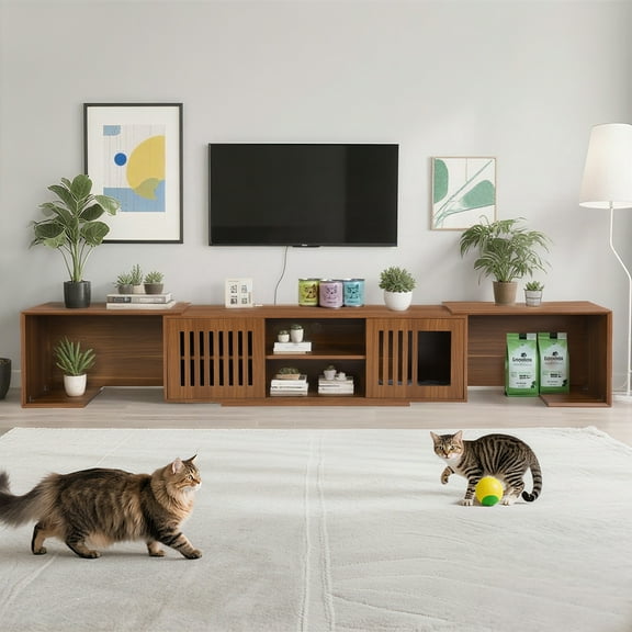 YIYADO TV Cabinet with Cat House and Litter Box Enclosure, Sliding Door, Hidden Pet Furniture, 4.3" Retractable, Walnut