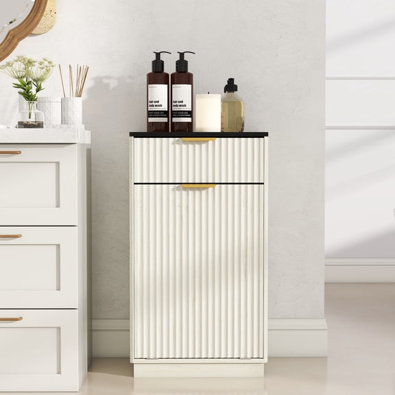 YIYADO Tilt Trash Can Cabinet 10 Gallon, Wood Kitchen Trash Can Cabinet with Hidden Drawer, Laundry Living Room Trash Recycling Trash Can Storage, White