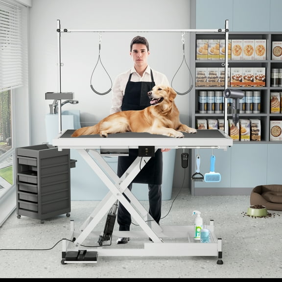 YIYADO Upgraded Electric Pet Grooming Table, 110V/220V Professional Heavy Duty Grooming Table, Height Adjustable 1036 Inch, with Double Arms & Double Loops, White