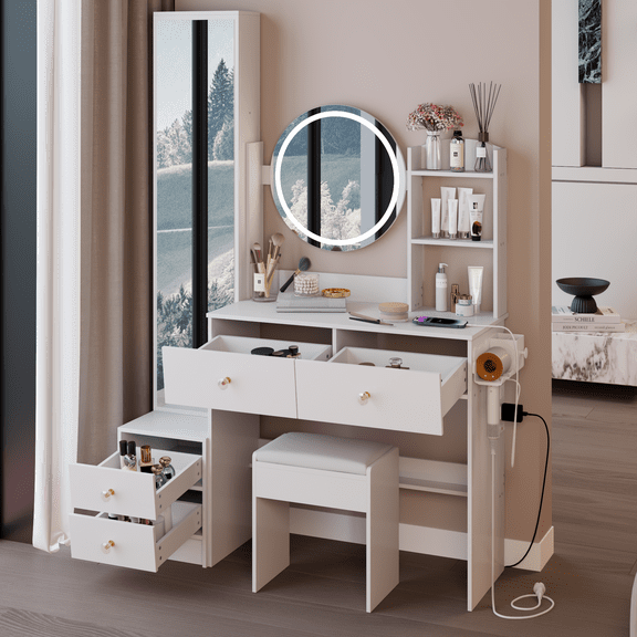 YIYADO Vanity Table with Full-Length Mirror Cabinet, Round LED Mirror and Upholstered Stool, Built-in Charging Station, Touch Control, Dimmable Brightness, Easy Assembly, White