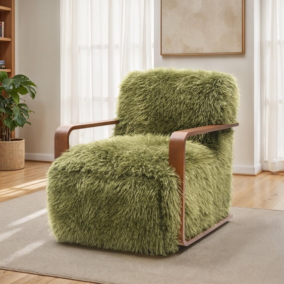 YIYADO Vintage Armchair, Long Soft Faux fur Chair, Curved Wooden Armrests Hugging the Back, Green Finish