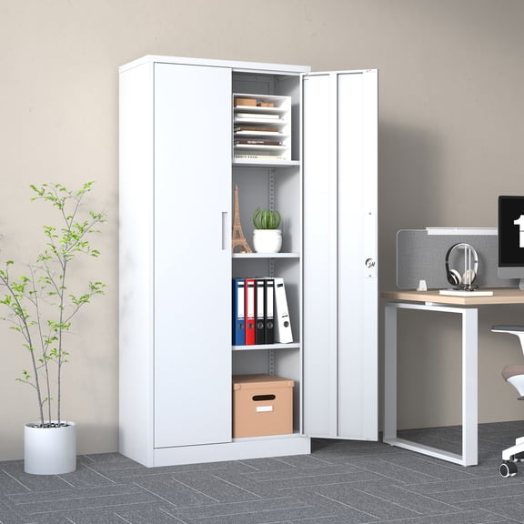 YIYADO White Metal Storage Cabinet with 2 Doors and 3 Adjustable Shelves, Lockable Garage Storage Cabinet, Lockable File Cabinet, Steel Tool Cabinet for Home, Office, Garage, Shop