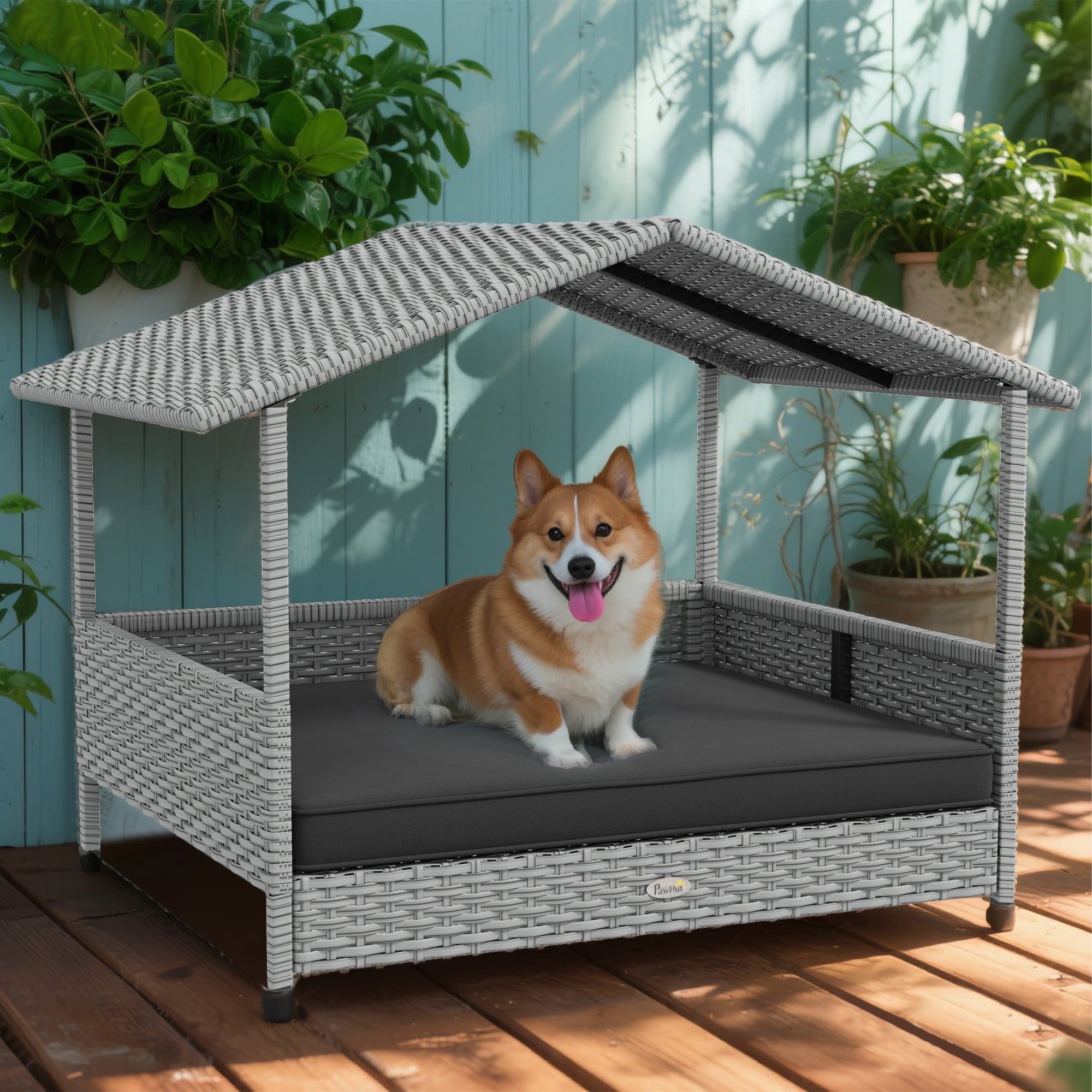 YIYADO Wicker Outdoor Dog Bed with Canopy, Rattan Dog House with Water-Resistant Cushion, Gray