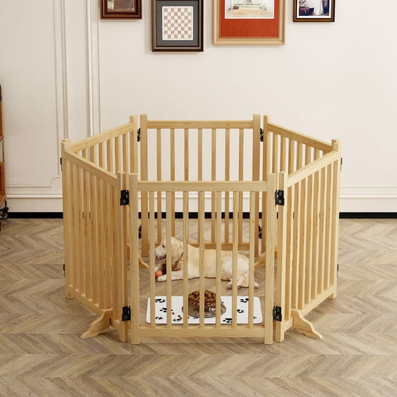 YIYADO Wooden Freestanding House Dog Door, Doorway, Staircase Dog Gate, Wooden Dog Fence Indoor Pet Gate, Hedge Fence - 6 Panels 31" High, Brown