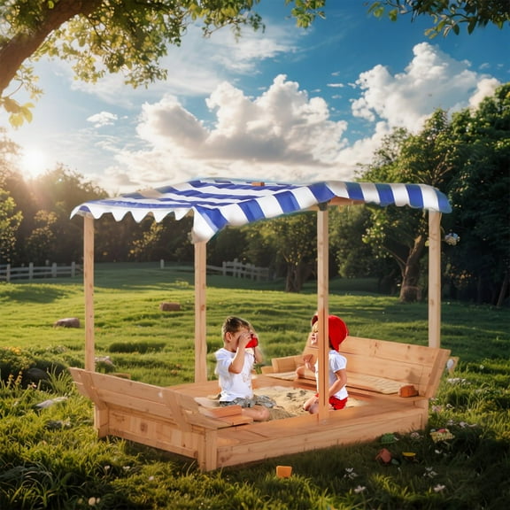 YIYADO Wooden Sandbox for Kids with Adjustable Shade & 2 Foldable Bench Seats, 46"