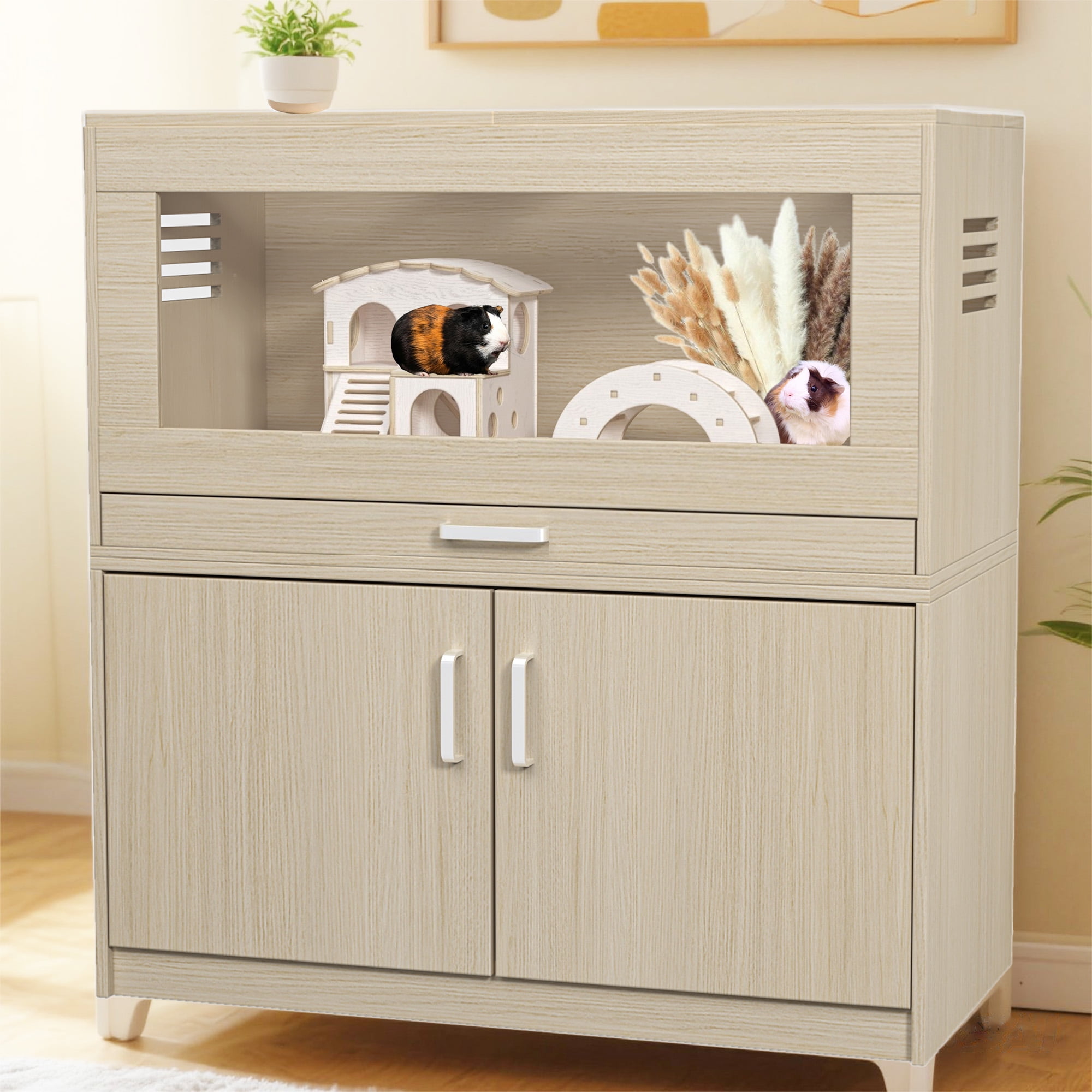 YIYADO Wooden hamster cage, hamster cage with separate storage cabinet, ventilated guinea pig cage, pet villa, pet supplies, Brown