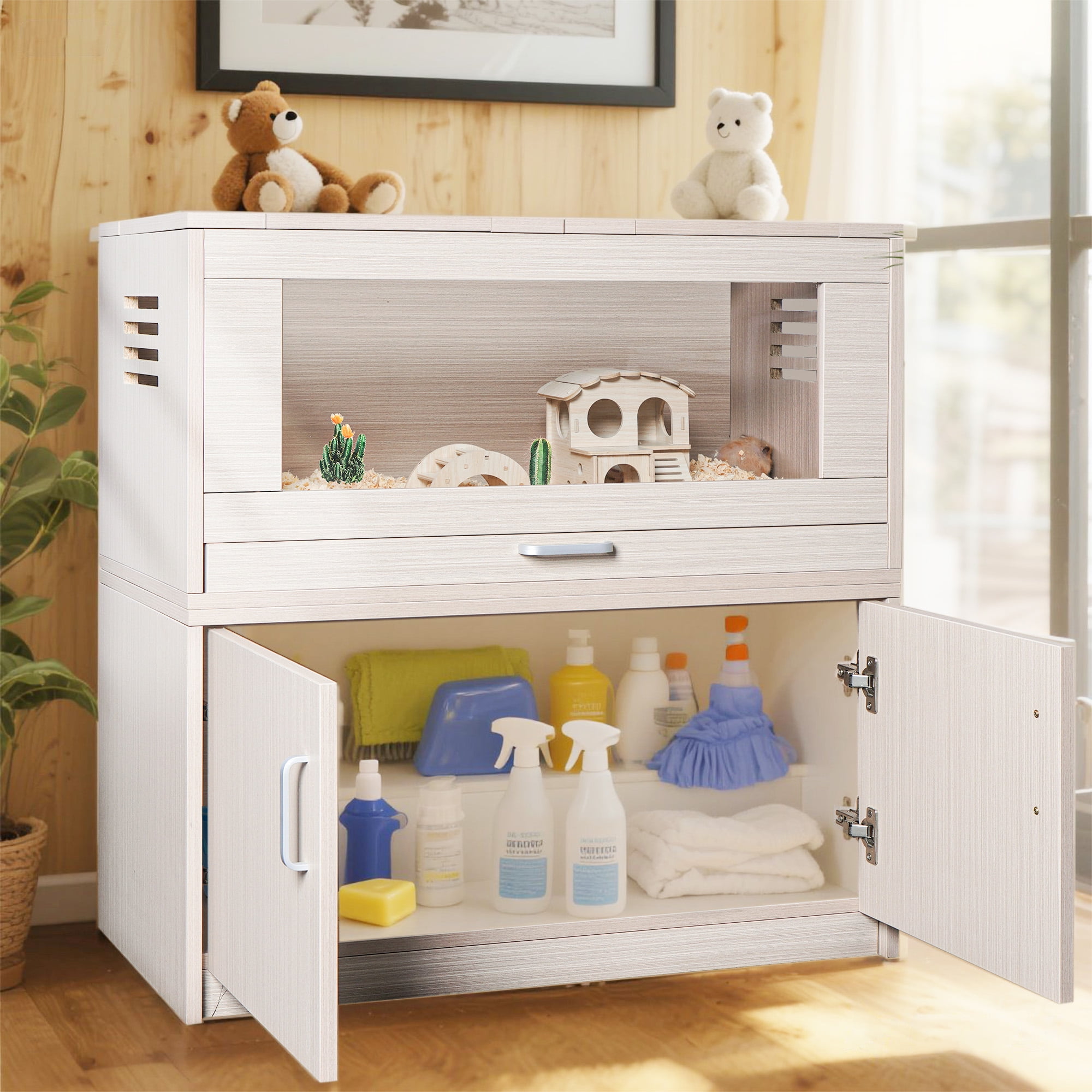 YIYADO Wooden hamster cage, hamster cage with separate storage cabinet, ventilated guinea pig cage, pet villa, pet supplies, Natural