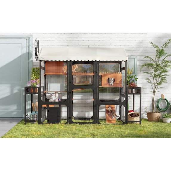 YIYADOLarge Outdoor Wooden Cat Villa Cage with 2 Plant Stands, Multi-Level Cat Playpen, Weather-Resistant Roof, Resting Box, Climbing Ramps & Wire Mesh for Backyard Patio, Black