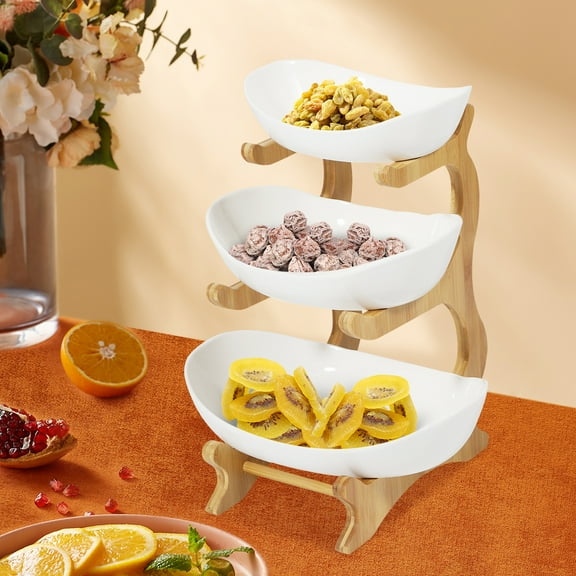 YIYIBUYS 3-Tier Fruit Bowl Countertop Ceramic Fruit Basket Vegetable Fruit Stand Holder Dessert Cake Tray Plate Rack for Party Wedding Buffet, White