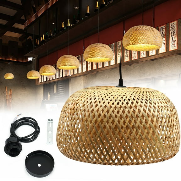 YIYIBUYS Bamboo Lampshade Rattan Round Cage Hanging Ceiling Lamp Rustic Vintage Pendant Light Fixture for Home Decor Kitchen Bar