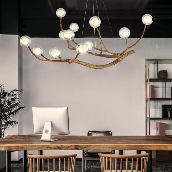 YIYIBYUS 12-Light Mid-Century Modern Glass Globe Wood Branch Chandelier
