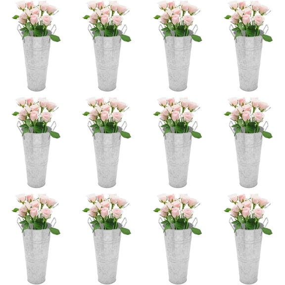 YIYIBYUS 12 Pcs Galvanized Flower Bucket 24 Pcs Metal Vases Galvanized, Bulk Tin Flower Buckets,French Farmhouse Flower Buckets with Handles for Home Decor Wedding Table Centerpiece (Silver)
