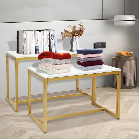 YIYIBYUS 2 Pcs Metal Shoe Handbag Display Stand Gold Display Riser Shelf for Retail Stores, Steel Pipe and Melamine Board