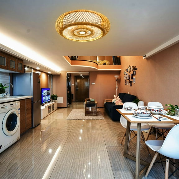 YIYIBYUS 20" Bamboo Ceiling Light Fixture Vintage Bamboo Flush Mount Ceiling Light Wicker Rattan Ceiling Lights for Bedroom Living Room