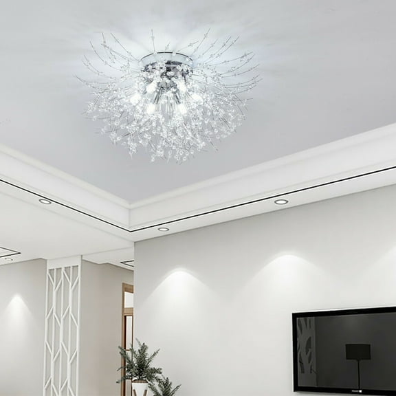YIYIBYUS 23.62" Firework Shape Ceiling Light Silver Modern 6 Heads LED Flush Mount Crystal Chandelier