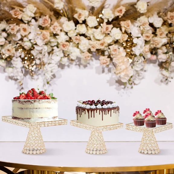 YIYIBYUS 3 PCS Crystal Cake Stand Set Wedding Fruits Candy Dessert Square Crystal Cupcake Plate Stands for Dessert Table,Birthday Party,Baby Shower,Anniversary, Afternoon Tea (3 Pcs Gold Square)