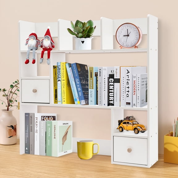 YIYIBYUS 3-Tier Desktop Bookshelf, Home Office Desk Organizer with 7 Open Compartments and 2 Storage Compartments with Doors, Multipurpose Desktop Storage Organizer, White