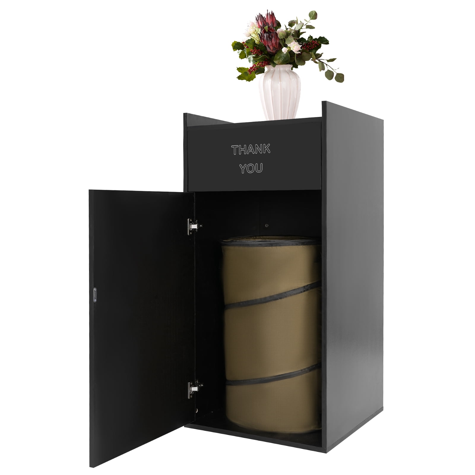 YIYIBYUS 30 Gallon Commercial Trash Can 110 Lbs Capacity, Modern Black Garbage Bin with Swing Door & Platform for Office, Food Court, Restaurant, Cafeteria