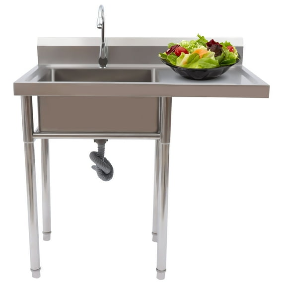 YIYIBYUS 304 Stainless Steel Utility Sink with Drainboard, Free Standing 1 Compartment Workbench Sink Commercial Sink for Restaurant, Laundry Room, Backyard, Garages